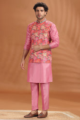 Pink Silk Kurta Pajama with Printed Jacket